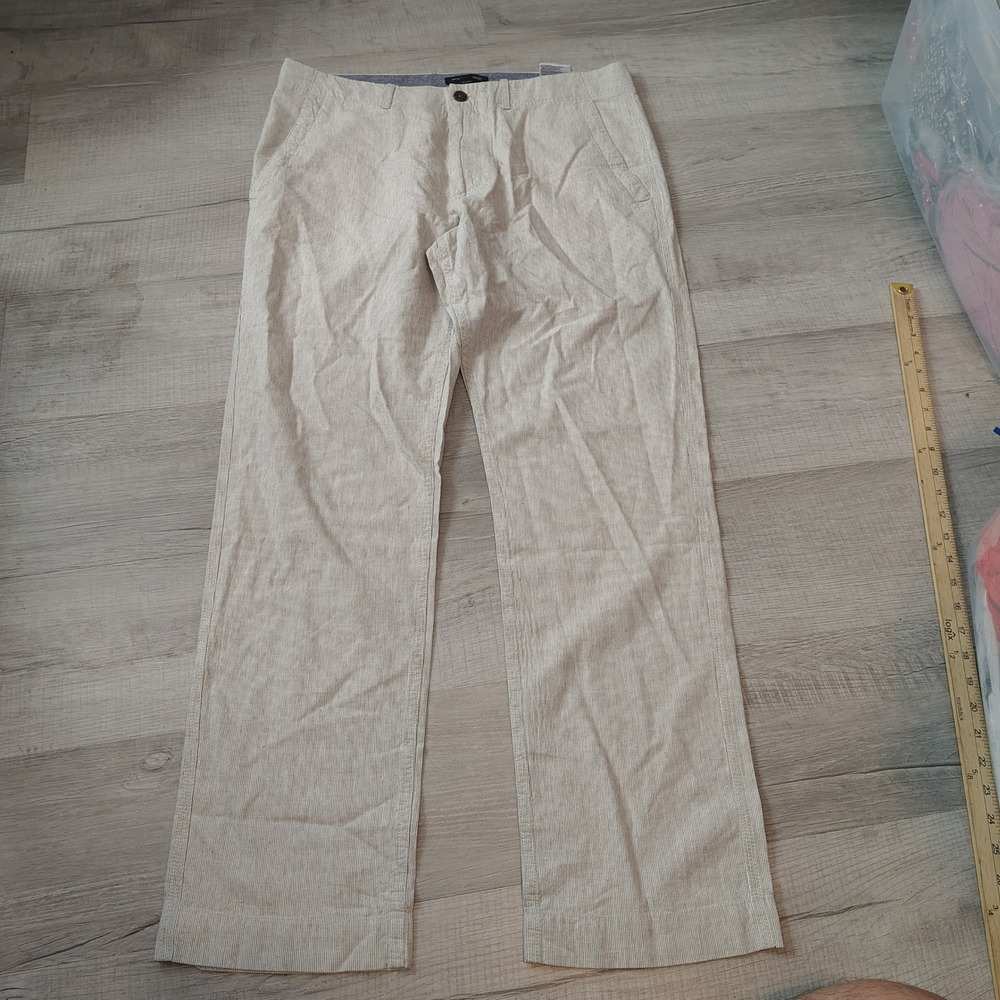 Banana Republic Mens 35x32 Linen Blend Neutral Stripe Straight Leg Pants Cream